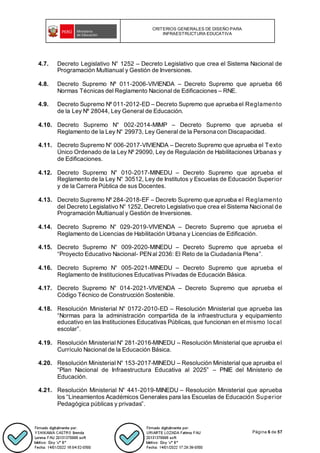 CRITERIOS GENERALES DE DISEÑO PARA
INFRAESTRUCTURA EDUCATIVA
Página 6 de 57
4.7. Decreto Legislativo N° 1252 – Decreto Legislativo que crea el Sistema Nacional de
Programación Multianual y Gestión de Inversiones.
4.8. Decreto Supremo Nº 011-2006-VIVIENDA – Decreto Supremo que aprueba 66
Normas Técnicas del Reglamento Nacional de Edificaciones – RNE.
4.9. Decreto Supremo Nº 011-2012-ED – Decreto Supremo que aprueba el Reglamento
de la Ley Nº 28044, Ley General de Educación.
4.10. Decreto Supremo N° 002-2014-MIMP – Decreto Supremo que aprueba el
Reglamento de la Ley N° 29973, Ley General de la Persona con Discapacidad.
4.11. Decreto Supremo N° 006-2017-VIVIENDA – Decreto Supremo que aprueba el Texto
Único Ordenado de la Ley Nº 29090, Ley de Regulación de Habilitaciones Urbanas y
de Edificaciones.
4.12. Decreto Supremo N° 010-2017-MINEDU – Decreto Supremo que aprueba el
Reglamento de la Ley N° 30512, Ley de Institutos y Escuelas de Educación Superior
y de la Carrera Pública de sus Docentes.
4.13. Decreto Supremo Nº 284-2018-EF – Decreto Supremo que aprueba el Reglamento
del Decreto Legislativo N° 1252, Decreto Legislativo que crea el Sistema Nacional de
Programación Multianual y Gestión de Inversiones.
4.14. Decreto Supremo N° 029-2019-VIVIENDA – Decreto Supremo que aprueba el
Reglamento de Licencias de Habilitación Urbana y Licencias de Edificación.
4.15. Decreto Supremo N° 009-2020-MINEDU – Decreto Supremo que aprueba el
“Proyecto Educativo Nacional- PENal 2036: El Reto de la Ciudadanía Plena”.
4.16. Decreto Supremo N° 005-2021-MINEDU – Decreto Supremo que aprueba el
Reglamento de Instituciones Educativas Privadas de Educación Básica.
4.17. Decreto Supremo N° 014-2021-VIVIENDA – Decreto Supremo que aprueba el
Código Técnico de Construcción Sostenible.
4.18. Resolución Ministerial N° 0172-2010-ED – Resolución Ministerial que aprueba las
“Normas para la administración compartida de la infraestructura y equipamiento
educativo en las Instituciones Educativas Públicas, que funcionan en el mismo local
escolar”.
4.19. Resolución Ministerial N° 281-2016-MINEDU – Resolución Ministerial que aprueba el
Currículo Nacional de la Educación Básica.
4.20. Resolución Ministerial N° 153-2017-MINEDU – Resolución Ministerial que aprueba el
“Plan Nacional de Infraestructura Educativa al 2025” – PNIE del Ministerio de
Educación.
4.21. Resolución Ministerial N° 441-2019-MINEDU – Resolución Ministerial que aprueba
los “Lineamientos Académicos Generales para las Escuelas de Educación Superior
Pedagógica públicas y privadas”.
 