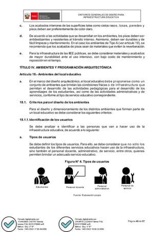 CRITERIOS GENERALES DE DISEÑO PARA
INFRAESTRUCTURA EDUCATIVA
Página 40 de 57
c. Los acabados interiores de las superficies tales como cielos rasos, losas, paredes y
pisos deben ser preferentemente de color claro.
d. De acuerdo a las actividades que se desarrollan en los ambientes, los pisos deben ser
antideslizantes y resistentes al tránsito intenso. Asimismo, deben ser durables y de
fácil limpieza y mantenimiento. En el caso los ambientes de Tipo A (ver artículo 19), se
recomienda que los acabados de pisos sean de materiales que eviten la reverberación.
e. Para la infraestructura de las IIEE públicas, se debe considerar materialesy acabados
de mayor durabilidad ante el uso intensivo, con bajo costo de mantenimiento y
reposición en el tiempo.
TÍTULO IV. AMBIENTES Y PROGRAMACIÓN ARQUITECTÓNICA
Artículo 18.- Ambientes del localeducativo
a. En el marco del diseño arquitectónico, el local educativo debe proponerse como un
conjunto de ambientes que brindan las condiciones físicas o de infraestructura que
permitan el desarrollo de las actividades pedagógicas para el desarrollo de los
aprendizajes de los estudiantes, así como de las actividades administrativas y de
servicios, conforme al tipo de servicio educativo correspondiente.
18.1. Criterios para el diseño de los ambientes
Para el diseño y dimensionamiento de los distintos ambientes que forman parte de
un local educativo se debe considerar los siguientes criterios:
18.1.1.Identificación de los usuarios
Se debe analizar e identificar a las personas que van a hacer uso de la
infraestructura educativa,de acuerdo a lo siguiente:
a. Tipos de usuarios
Se debe definir los tipos de usuarios. Para ello, se debe considerar que no sólo los
estudiantes de los diferentes servicios educativos hacen uso de la infraestructura,
sino también el personal docente, administrativo, de servicio, entre otros, quienes
permiten brindar un adecuado servicio educativo.
Figura N° 4. Tipos de usuarios
Fuente: Elaboración propia
Personal de
servicio
Personal
administrativo
Personal docente
Estudiantes
 