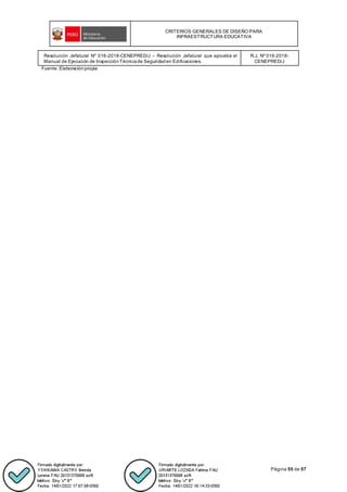 CRITERIOS GENERALES DE DISEÑO PARA
INFRAESTRUCTURA EDUCATIVA
Página 55 de 57
Resolución Jefatural Nº 016-2018-CENEPRED/J – Resolución Jefatural que aprueba el
Manual de Ejecución de InspecciónTécnicade Seguridaden Edificaciones.
R.J. Nº 016-2018-
CENEPRED/J
Fuente: Elaboraciónpropia
 