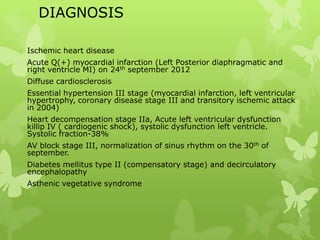 DIAGNOSIS
Ischemic heart disease
Acute Q(+) myocardial infarction (Left Posterior diaphragmatic and
right ventricle MI) on 24th september 2012
Diffuse cardiosclerosis
Essential hypertension III stage (myocardial infarction, left ventricular
hypertrophy, coronary disease stage III and transitory ischemic attack
in 2004)
Heart decompensation stage IIa, Acute left ventricular dysfunction
killip IV ( cardiogenic shock), systolic dysfunction left ventricle.
Systolic fraction-38%
AV block stage III, normalization of sinus rhythm on the 30th of
september.
Diabetes mellitus type II (compensatory stage) and decirculatory
encephalopathy
Asthenic vegetative syndrome
 