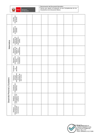 Denominación del Documento Normativo
Norma que regula la Evaluación de las Competencias de los
Estudiantes de la Educación Básica
Página 63 de 72
Escribe
diversos
tipos
de
textos.
Matemática
Resuelve
problemas
de
cantidad.
Resuelve
problemas
de
regularidad,
equivalencia
y
cambio.
.
Resuelve
problemas
de
gestión
de
datos
e
incertidumbre.
Resuelve
problemas
de
forma,
movimiento
y
localización.
Desarrollo
Personal
y
Ciudadano
Construye
su
identidad.
Convive
y
participa
democráticame
nte
en
la
búsqueda
del
bien
común.
Construye
interpretaciones
históricas.
Gestiona
responsablement
e
el
espacio
y
el
ambiente.
Gestiona
responsablement
e
los
recursos
económicos.
 