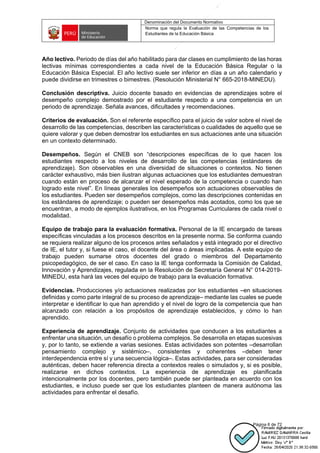 Denominación del Documento Normativo
Norma que regula la Evaluación de las Competencias de los
Estudiantes de la Educación Básica
Página 6 de 72
Año lectivo. Periodo de días del año habilitado para dar clases en cumplimiento de las horas
lectivas mínimas correspondientes a cada nivel de la Educación Básica Regular o la
Educación Básica Especial. El año lectivo suele ser inferior en días a un año calendario y
puede dividirse en trimestres o bimestres. (Resolución Ministerial N° 665-2018-MINEDU).
Conclusión descriptiva. Juicio docente basado en evidencias de aprendizajes sobre el
desempeño complejo demostrado por el estudiante respecto a una competencia en un
periodo de aprendizaje. Señala avances, dificultades y recomendaciones.
Criterios de evaluación. Son el referente específico para el juicio de valor sobre el nivel de
desarrollo de las competencias, describen las características o cualidades de aquello que se
quiere valorar y que deben demostrar los estudiantes en sus actuaciones ante una situación
en un contexto determinado.
Desempeños. Según el CNEB son “descripciones específicas de lo que hacen los
estudiantes respecto a los niveles de desarrollo de las competencias (estándares de
aprendizaje). Son observables en una diversidad de situaciones o contextos. No tienen
carácter exhaustivo, más bien ilustran algunas actuaciones que los estudiantes demuestran
cuando están en proceso de alcanzar el nivel esperado de la competencia o cuando han
logrado este nivel”. En líneas generales los desempeños son actuaciones observables de
los estudiantes. Pueden ser desempeños complejos, como las descripciones contenidas en
los estándares de aprendizaje; o pueden ser desempeños más acotados, como los que se
encuentran, a modo de ejemplos ilustrativos, en los Programas Curriculares de cada nivel o
modalidad.
Equipo de trabajo para la evaluación formativa. Personal de la IE encargado de tareas
específicas vinculadas a los procesos descritos en la presente norma. Se conforma cuando
se requiera realizar alguno de los procesos antes señalados y está integrado por el directivo
de IE, el tutor y, si fuese el caso, el docente del área o áreas implicadas. A este equipo de
trabajo pueden sumarse otros docentes del grado o miembros del Departamento
psicopedagógico, de ser el caso. En caso la IE tenga conformada la Comisión de Calidad,
Innovación y Aprendizajes, regulada en la Resolución de Secretaría General N° 014-2019-
MINEDU, esta hará las veces del equipo de trabajo para la evaluación formativa.
Evidencias. Producciones y/o actuaciones realizadas por los estudiantes –en situaciones
definidas y como parte integral de su proceso de aprendizaje– mediante las cuales se puede
interpretar e identificar lo que han aprendido y el nivel de logro de la competencia que han
alcanzado con relación a los propósitos de aprendizaje establecidos, y cómo lo han
aprendido.
Experiencia de aprendizaje. Conjunto de actividades que conducen a los estudiantes a
enfrentar una situación, un desafío o problema complejos. Se desarrolla en etapas sucesivas
y, por lo tanto, se extiende a varias sesiones. Estas actividades son potentes –desarrollan
pensamiento complejo y sistémico–, consistentes y coherentes –deben tener
interdependencia entre sí y una secuencia lógica–. Estas actividades, para ser consideradas
auténticas, deben hacer referencia directa a contextos reales o simulados y, si es posible,
realizarse en dichos contextos. La experiencia de aprendizaje es planificada
intencionalmente por los docentes, pero también puede ser planteada en acuerdo con los
estudiantes, e incluso puede ser que los estudiantes planteen de manera autónoma las
actividades para enfrentar el desafío.
 