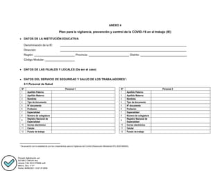 ANEXO 4
Plan para la vigilancia, prevención y control de la COVID-19 en el trabajo (IE)
 DATOS DE LA INSTITUCIÓN EDUCATIVA
Denominación de la IE: _________________________________________________________________________________
Dirección: _________________________________________________________________________________
Región: __________________________ Provincia: __________________________ Distrito: ______________________________
Código Modular: ___________________
 DATOS DE LAS FILIALES Y LOCALES (De ser el caso)
 DATOS DEL SERVICIO DE SEGURIDAD Y SALUD DE LOS TRABAJADORES1
:
2.1 Personal de Salud
N° Personal 1 N° Personal 2
1 Apellido Paterno 1 Apellido Paterno
2 Apellido Materno 2 Apellido Materno
3 Nombres 3 Nombres
4 Tipo de documento 4 Tipo de documento
5 Nº documento 5 Nº documento
6 Profesión 6 Profesión
7 Especialidad 7 Especialidad
8 Número de colegiatura 8 Número de colegiatura
9
Registro Nacional de
Especialidad
9
Registro Nacional de
Especialidad
10 Correo electrónico 10 Correo electrónico
11 Celular 11 Celular
12 Puesto de trabajo 12 Puesto de trabajo
1
De acuerdo con lo establecido por los Lineamientos para la Vigilancia del Control (Resolución Ministerial 972-2020-MINSA).
 