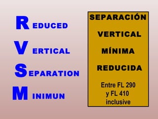 R EDUCED
V ERTICAL
SEPARATION
M INIMUN
SEPARACIÓN
VERTICAL
MÍNIMA
REDUCIDA
Entre FL 290
y FL 410
inclusive
 