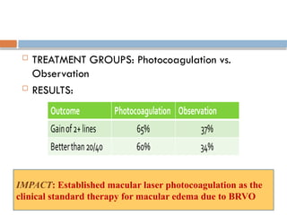  TREATMENT GROUPS: Photocoagulation vs.
Observation
 RESULTS:
IMPACT: Established macular laser photocoagulation as the
clinical standard therapy for macular edema due to BRVO
 