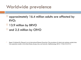 Worldwide prevalence
 approximately 16.4 million adults are affected by
RVO:
 13.9 million by BRVO
 and 2.5 million by CRVO
 Rogers S, McIntosh RL, Cheung N, et al; International Disease Consortium. The prevalence of retinal vein occlusion: pooled data
from population studies in the United States, Europe, Asia, and Australia. Ophthalmology 2010; 117(2):313-319 e1
 