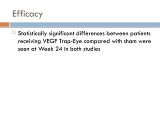Efficacy
 Statistically significant differences between patients
receiving VEGF Trap-Eye compared with sham were
seen at Week 24 in both studies
 