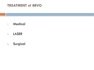 TREATMENT of BRVO
1. Medical
2. LASER
3. Surgical
 