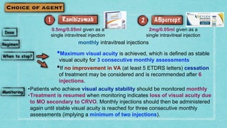 0.5mg/0.05ml given as a
single intravitreal injection
monthly intravitreal injections
•If no improvement in VA (at least 5 ETDRS letters) cessation
of treatment may be considered and is recommended after 6
injections.
•Patients who achieve visual acuity stability should be monitored monthly
•Treatment is resumed when monitoring indicates loss of visual acuity due
to MO secondary to CRVO. Monthly injections should then be administered
again until stable visual acuity is reached for three consecutive monthly
assessments (implying a minimum of two injections).
•Maximum visual acuity is achieved, which is defined as stable
visual acuity for 3 consecutive monthly assessments
2mg/0.05ml given as a
single intravitreal injection
 