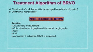 Treatment Algorithm of BRVO
A. Treatment of risk factors (to be managed by patient’s physician).
B. Ophthalmic management
Baseline
Visual acuity measurement
Colour fundus photographs and fluorescein angiography
OCT
IOP
gonioscopy if ischaemic BRVO is suspected.
 