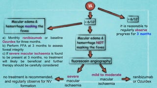 it is reasonable to
regularly observe
progress for 3 months
mild to moderate
macular
ischaemia
ranibizumab
or Ozurdex
severe
macular
ischaemia
no treatment is recommended,
and regularly observe for NV
formation
a) Monthly ranibizumab or baseline
Ozurdex for three months.
b) Perform FFA at 3 months to assess
foveal integrity
c) If severe macular ischaemia is found
to be present at 3 months, no treatment
will likely be beneficial and further
therapy should be carefully considered
 