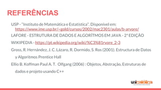 REFERÊNCIAS
USP - “Instituto de Matemática e Estatística”. Disponível em:
https://www.ime.usp.br/~gold/cursos/2002/mac2301/aulas/b-arvore/
LAFORE - ESTRUTURA DE DADOS E ALGORÍTMOS EM JAVA - 2ª EDIÇÃO
WIKIPEDIA - https://pt.wikipedia.org/wiki/%C3%81rvore_2-3
Gross, R. Hernández, J. C. Lázaro, R. Dormido, S. Ros (2001). Estructura de Datos
y Algoritmos Prentice Hall
Ellio B. Koffman Paul A. T. Olfgang (2006) : Objetos, Abstração, Estruturas de
dados e projeto usando C++
 