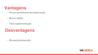 Vantagens
- Árvore perfeitamente balanceada
- Busca rápida
- Fácil implementação
- Remoção demorada
Desvantagens
 