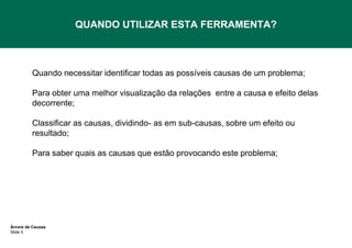 QUANDO UTILIZAR ESTA FERRAMENTA?

Quando necessitar identificar todas as possíveis causas de um problema;
Para obter uma melhor visualização da relações entre a causa e efeito delas
decorrente;
Classificar as causas, dividindo- as em sub-causas, sobre um efeito ou
resultado;
Para saber quais as causas que estão provocando este problema;

Árvore de Causas
Slide 5

 