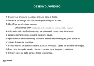 DESENVOLVIMENTO

1- Descreva o problema e coloque em uma caixa a direita.
2- Desenhe uma longa seta horizontal apontando para a caixa.
3- Identifique as principais causas.
Utilizaremos o 6M “método, mão -de-obra, material, meio ambiente, medida e maquina”
4- Utilizando a técnica Brainstorming, para descobrir causa mais detalhadas.
5- adicione sempre que necessário mais sub- causa.
6- Após concluir o Brainstorming, faça uma analise das informações, para achar as
principais áreas a se investigar.
7- Se não houver um consenso sobre a área a investigar , utilize um sistema de votação.
8- Para cada item selecionado, discuta como ele impactou para o problema.

9- Cite um plano de ação para as áreas selecionada.

Árvore de Causas
Slide 6

 