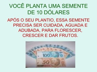 VOCÊ PLANTA UMA SEMENTE
     DE 10 DÓLARES
APÓS O SEU PLANTIO, ESSA SEMENTE
  PRECISA SER CUIDADA, AGUADA E
    ADUBADA, PARA FLORESCER,
      CRESCER E DAR FRUTOS.
 
