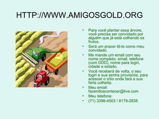 HTTP://WWW.AMIGOSGOLD.ORG
             •   Para você plantar essa árvore,
                 você precisa ser convidado por
                 alguém que já está colhendo os
                 frutos.
             •   Será um prazer tê-lo como meu
                 convidado.
             •   Me mande um email com seu
                 nome completo, email, telefone
                 (com DDD), nome para login,
                 cidade e estado.
             •   Você receberá de volta, o seu
                 login e sua senha provisória, para
                 acessar o sítio onde fará a sua
                 farta colheita.
             •   Meu email:
                 fazendoacontecer@live.com
             •   Meu telefone:
             •   (71) 3398-4503 / 8179-2838
 
