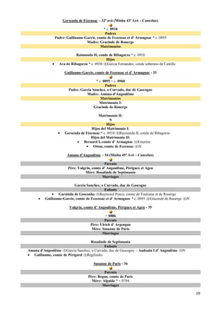 Gersenda de Fézensac – 32ª avó (Minha 43ª Avó – Cancelas).

                                           * c. 0910
                                            Padres
               Padre: Guillaume-Garcie, comte de Fezensac et d' Armagnac * c. 0895
                                 Madre: Gracinde de Rouerge
                                          Matrimonios

                           Raimundo II, conde de Ribagorza * c. 0910
                                            Hijos
                 Ava de Ribagorza * c. 0930 Garcia Fernandez, conde soberano de Castilla

                    Guillaume-Garcie, comte de Fezensac et d' Armagnac - 33

                                       * c. 0895 + c. 0960
                                             Padres
                       Padre: Garcia Sanchez, o Curvado, duc de Gascogne
                                 Madre: Amuna d'Angoulême
                                          Matrimonios
                                         Matrimonio I:
                                      Gracinde de Rouerge

                                        Matrimonio II:
                                                N
                                              Hijos
                                    Hijos del Matrimonio I:
                     Gersenda de Fézensac * c. 0910 Raimundo II, conde de Ribagorza
                                    Hijos del Matrimonio II:
                                Bernard I, comte d' Armagnac Emerine
                                     Otton, comte de Fezensac N

                      Amuna d'Angoulême – 34 (Minha 45ª Avó – Cancelas).

                                            Parents
                      Père: Vulgrin, comte d' Angoulême, Périguex et Agen
                                Mère: Rosalinde de Septimania
                                           Marriages

                          Garcia Sanchez, o Curvado, duc de Gascogne
                                            Enfants
                 Garsinda de Gasconha Raymond Ponce, comte de Toulouse et de Rouerge
         Guillaume-Garcie, comte de Fezensac et d' Armagnac * c. 0895 Gracinde de Rouerge       N

                       Vulgrin, comte d' Angoulême, Périguex et Agen - 35

                                             + 0886
                                            Parents
                                    Père: Ulrich d' Argengau
                                     Mère: Susanne de Paris
                                           Marriages

                                 Rosalinde de Septimania
                                          Enfants
Amuna d'Angoulême Garcia Sanchez, o Curvado, duc de Gascogne - Audouin I d' Angoulême       N
  Guillaume, comte de Périgord Regilindis

                                      Susanne de Paris - 36

                                            Parents
                                   Père: Begon, comte de Paris
                                     Mère: Alpaïde * < 0794
                                           Marriages

                                                                                                    19
 