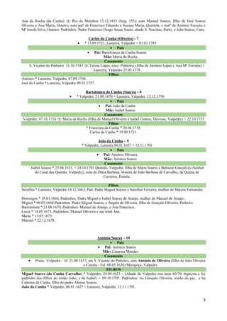 Ana da Rocha (da Cunha)          Rio de Moinhos 13.12.1833 (Img. 355), com Manuel Soares, filho de José Soares
Oliveira e Ana Maria, Outeiro, neto patº de Francisco Eduardo e Suzana Maria, Quintela, e matº de António Ferreira e
Mª Josefa Silva, Outeiro. Padrinhos: Padre Francisco Diogo Sousa Souto, abade S. Nocolau, Porto, e João Soares, Cans.

                                          Carlos da Cunha (Oliveira) - 7
                                       * 15.09.1721, Lameira, Valpedre + 01.01.1783
                                                           Pais
                                             Pai: Bartolomeu da Cunha Soares
                                                   Mãe: Maria da Rocha
                                                   Casamento
     S. Vicente do Pinheiro 31.10.1743    Teresa Lopes, nasc: Pinheiro; (filha de António Lopes e Ana Mª Ferreira) +
                                             Lameira, Valpedre 25.03.1778
                                                      Filhos
António * Lameira, Valpedre, 07.09.1744.
José da Cunha * Lameira, Valpedre 09.01.1757.

                                       Bartolomeu da Cunha (Soares) - 8
                                  * Valpedre, 21.08.1670 + Lameira, Valpedre, 12.12.1750
                                                            Pais
                                                     Pai: João da Cunha
                                                     Mãe: Isabel Soares
                                                    Casamento
Valpedre, 07.10.1716      Maria da Rocha (filha de Manuel Oliveira e Isabel Gomes, Devesas, Valpedre) + 22.10.1735
                                                      Filhos
                                        * Francisca da Cunha * 20.04.1718.
                                           Carlos da Cunha * 15.09.1721.

                                                 João da Cunha – 9
                                      * Valpedre, Lameira 06.01.1627 + 12.11.1701
                                                             Pais
                                                    Pai: António Oliveira
                                                     Mãe: Antónia Soares
                                                     Casamento
     Isabel Soares * 23.04.1631, + 24.10.1701 Quintãs, Valpedre, filha de Maria Soares e Baltazar Gonçalves (Senhor
        do Casal das Quintãs, Valpedre), neta de Olaia Barbosa, bisneta de João Barbosa de Carvalho, da Quinta de
                                                    Curveira, Portela.

                                                      Filhos
Serafina * Lameira, Valpedre 10.12.1663, Pad: Padre Miguel Soares e Serafina Teixeira, mulher de Marcos Fernandes.

Domingos * 18.03.1666, Padrinhos. Padre Miguel e Isabel Soares de Araújo, mulher de Manuel de Araújo.
Miguel * 09.05.1668.Padrinhos. Padre Miguel Soares, e Ângela de Oliveira, filha de Gonçalo Oliveira, Pinheiro.
Bartolomeu * 21.08.1670, Padrinhos: Manuel de Araújo, e Ana Francisca.
Luzia * 14.05.1673, Padrinhos: Manuel Oliveira e sua irmã Ana.
Maria * 13.05.1675.
Manuel * 22.12.1678.



                                                Antónia Soares – 10
                                                             Pais
                                                     Pai: António Soares
                                                    Mãe: Catarina Mendes
                                                     Casamento
         Presa, Valpedre -     21.08.1617, em S. Vicente do Pinheiro, com António de Oliveira (filho de João Oliveira
                                       e Camila - Fal. 08.05.1634) Maragoça, Valpedre
                                                      FILHOS
Miguel Soares (da Cunha Carvalho) * Valpedre, 29.09.1623 – (Abade de Valpedre nos anos 60/70, baptizou e foi
padrinho dos filhos do irmão João, e de Isabel) + 09.10.1705. Padrinhos: tio Gonçalo Oliveira, irmão do pai, e tia
Catarina da Cunha, filha do padre Afonso Soares.
João da Cunha * Valpedre, 06.01.1627 + Lameira, Valpedre, 12.11.1701.


                                                                                                                   3
 