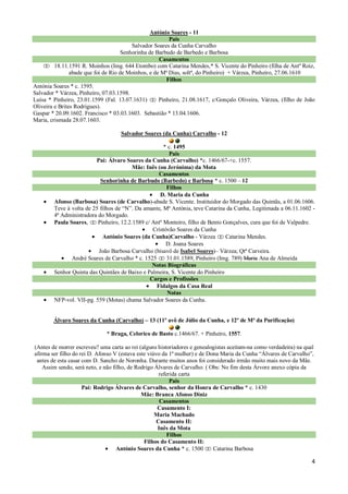 António Soares - 11
                                                         Pais
                                          Salvador Soares da Cunha Carvalho
                                      Senhorinha de Barbudo de Barbedo e Barbosa
                                                     Casamentos
         18.11.1591 R. Moinhos (Img. 644 Etombo) com Catarina Mendes,* S. Vicente do Pinheiro (filha de Antº Roiz,
                abade que foi de Rio de Moinhos, e de Mª Dias, soltª, do Pinheiro) + Várzea, Pinheiro, 27.06.1610
                                                        Filhos
Antónia Soares * c. 1595.
Salvador * Várzea, Pinheiro, 07.03.1598.
Luísa * Pinheiro, 23.01.1599 (Fal. 13.07.1631)       Pinheiro, 21.08.1617, c/Gonçalo Oliveira, Várzea, (filho de João
Oliveira e Brites Rodrigues).
Gaspar * 20.09.1602. Francisco * 03.03.1603. Sebastião * 13.04.1606.
Maria, crismada 28.07.1603.

                                    Salvador Soares (da Cunha) Carvalho - 12

                                                      * c. 1495
                                                        Pais
                         Pai: Álvaro Soares da Cunha (Carvalho) *c. 1466/67-+c. 1557.
                                         Mãe: Inês (ou Jerónima) da Mota
                                                   Casamentos
                           Senhorinha de Barbudo (Barbedo) e Barbosa * c. 1500 – 12
                                                       Filhos
                                                    D. Maria da Cunha
        Afonso (Barbosa) Soares (de Carvalho)-abade S. Vicente. Instituidor do Morgado das Quintãs, a 01.06.1606.
        Teve à volta de 25 filhos de “N”. Da amante, Mª Antónia, teve Catarina da Cunha, Legitimada a 06.11.1602 -
        4ª Administradora do Morgado.
        Paula Soares,     Pinheiro, 12.2.1589 c/ Antº Monteiro, filho de Bento Gonçalves, cura que foi de Valpedre.
                                                 Cristóvão Soares da Cunha
                            António Soares (da Cunha)Carvalho - Várzea          Catarina Mendes.
                                                       D. Joana Soares
                          João Barbosa Carvalho (bisavô de Isabel Soares)– Várzea; Qtª Curveira.
               André Soares de Carvalho * c. 1525      31.01.1589, Pinheiro (Img. 789) Maria Ana de Almeida
                                                 Notas Biográficas
        Senhor Quinta das Quintães de Baixo e Palmeira, S. Vicente do Pinheiro
                                                Cargos e Profissões
                                                  Fidalgos da Casa Real
                                                       Notas
        NFP-vol. VII-pg. 559 (Motas) chama Salvador Soares da Cunha.


        Álvaro Soares da Cunha (Carvalho) – 13 (11º avô de Júlio da Cunha, e 12º de Mª da Purificação)

                              * Braga, Celorico de Basto c.1466/67. + Pinheiro, 1557.

(Antes de morrer escreveu? uma carta ao rei (alguns historiadores e genealogistas aceitam-na como verdadeira) na qual
afirma ser filho do rei D. Afonso V (estava este viúvo da 1ª mulher) e de Dona Maria da Cunha “Álvares de Carvalho”,
 antes de esta casar com D. Sancho de Noronha. Durante muitos anos foi considerado irmão muito mais novo da Mãe.
    Assim sendo, será neto, e não filho, de Rodrigo Álvares de Carvalho. ( Obs: No fim desta Árvore anexo cópia da
                                                      referida carta
                                                           Pais
                     Pai: Rodrigo Álvares de Carvalho, senhor da Honra de Carvalho * c. 1430
                                              Mãe: Branca Afonso Diniz
                                                      Casamentos
                                                     Casamento I:
                                                    Maria Machado
                                                     Casamento II:
                                                     Inês da Mota
                                                          Filhos
                                               Filhos do Casamento II:
                                    António Soares da Cunha * c. 1500       Catarina Barbosa

                                                                                                                    4
 