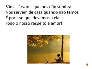 São as árvores que nos dão sombra
Nos servem de casa quando não temos
É por isso que devemos a ela
Todo o nosso respeito e amor!
 