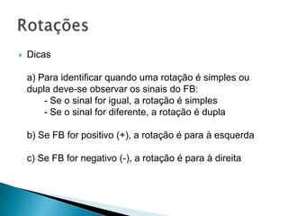    Dicas

    a) Para identificar quando uma rotação é simples ou
    dupla deve-se observar os sinais do FB:
        - Se o sinal for igual, a rotação é simples
        - Se o sinal for diferente, a rotação é dupla

    b) Se FB for positivo (+), a rotação é para à esquerda

    c) Se FB for negativo (-), a rotação é para à direita
 