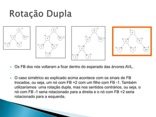    Os FB dos nós voltaram a ficar dentro do esperado das árvores AVL.

   O caso simétrico ao explicado acima acontece com os sinais de FB
    trocados, ou seja, um nó com FB +2 com um filho com FB -1. Também
    utilizaríamos uma rotação dupla, mas nos sentidos contrários, ou seja, o
    nó com FB -1 seria rotacionado para a direita e o nó com FB +2 seria
    rotacionado para a esquerda.
 