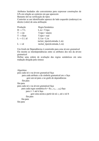 Atributos herdados são convenientes para expressar construções de
LPs em relação ao contexto em que aparecem
Bastante útil na verificação de tipos
Controlar se um identificador aparece do lado esquerdo (endereço) ou
direito (valor) de uma atribuição

Produção                Regra Semântica
D→TL                   L.in:= T.tipo
T → int                 T.tipo:= inteiro
T → float               T.tipo:= real
L → L1, id              L1.in:= L.in
                       incluir_tipo(id.entrada, L.in)
L → id                  incluir_tipo(id.entrada, L.in)

Um Grafo de Dependências é construído para uma árvore gramatical
Ele mostra as interdependências entre os atributos dos nós da árvore
gramatical
Define uma ordem de avaliação das regras semânticas em uma
tradução dirigida pela sintaxe



Algoritmo
para cada nó n na árvore gramatical faça
     para cada atributo a do símbolo gramatical em n faça
           gere um nó para a no grafo de dependências
     fim para
fim para
para cada nó n na árvore gramatical faça
     para cada regra semântica b:= f(c 1, c2, ...,ck) faça
          para i= 1 até k faça
                gere uma aresta a partir do nó ci até o nó b
          fim para
    fim para
fim para
 