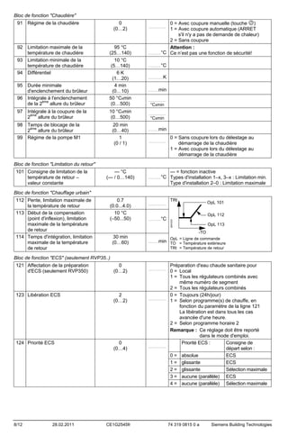 Bloc de fonction "Chaudière"
91 Régime de la chaudière

92 Limitation maximale de la
température de chaudière
93 Limitation minimale de la
température de chaudière
94 Différentiel

0
(0…2)

95 Durée minimale
d'enclenchement du brûleur
96 Intégrale à l'enclenchement
de la 2ème allure du brûleur

95 °C
(25…140)
10 °C
(5…140)
6K
(1…20)
4 min
(0…10)
50 °Cxmin
(0…500)

97 Intégrale à la coupure de la
2ème allure du brûleur

10 °Cxmin
(0…500)

98 Temps de blocage de la
2ème allure du brûleur
99 Régime de la pompe M1

20 min
(0…40)
1
(0 / 1)

0 = Avec coupure manuelle (touche )
1 = Avec coupure automatique (ARRET
s'il n'y a pas de demande de chaleur)
2 = Sans coupure
Attention :
.................°C Ce n’est pas une fonction de sécurité!
.......................

°C

.................

K

....................

min

..............

.......................

°Cxmin
.......................

°Cxmin

min

..............

.......................

0 = Sans coupure lors du délestage au
démarrage de la chaudière
1 = Avec coupure lors du délestage au
démarrage de la chaudière

Bloc de fonction "Limitation du retour"
101 Consigne de limitation de la
température de retour –
valeur constante

--- °C
(--- / 0…140)

--- = fonction inactive
°C Types d'installation 1–x, 3–x : Limitation min.
Type d'installation 2–0 : Limitation maximale

.................

Bloc de fonction "Chauffage urbain"
0.7
(0.0...4.0)
10 °C
(–50...50)

30 min
(0…60)

TRt

OpL 101

........................

°C

.................

OpL 112
2541D01

112 Pente, limitation maximale de
la température de retour
113 Début de la compensation
(point d'inflexion), limitation
maximale de la température
de retour
114 Temps d'intégration, limitation
maximale de la température
de retour

OpL 113
-TO

min

..............

OpL = Ligne de commande
TO = Température extérieure
TRt = Température de retour

Bloc de fonction "ECS" (seulement RVP35..)
121 Affectation de la préparation
d'ECS (seulement RVP350)

0
(0…2)

123 Libération ECS

2
(0…2)

124 Priorité ECS

8/12

28.02.2011

0
(0…4)

CE1G2545fr

.......................

........................

........................

Préparation d'eau chaude sanitaire pour
0 = Local
1 = Tous les régulateurs combinés avec
même numéro de segment
2 = Tous les régulateurs combinés
0 = Toujours (24h/jour)
1 = Selon programme(s) de chauffe, en
fonction du paramètre de la ligne 121
La libération est dans tous les cas
avancée d'une heure.
2 = Selon programme horaire 2
Remarque : Ce réglage doit être reporté
dans le mode d'emploi.
Priorité ECS :
Consigne de
départ selon :
0 = absolue
ECS
1 = glissante
ECS
2 = glissante
Sélection maximale
3 = aucune (parallèle) ECS
4 = aucune (parallèle) Sélection maximale

74 319 0815 0 a

Siemens Building Technologies

 