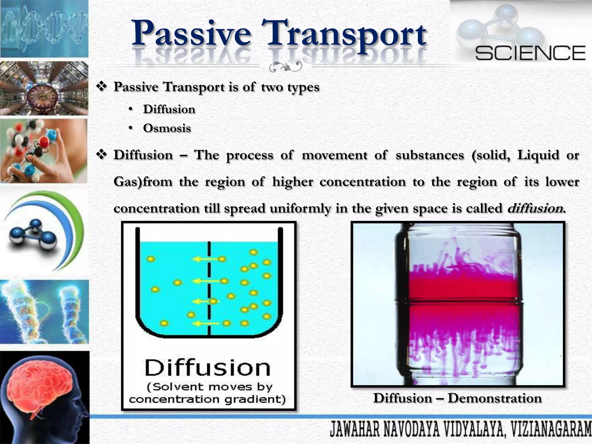 Passive Transport
 Passive Transport is of two types
• Diffusion
• Osmosis

 Diffusion – The process of movement of substances (solid, Liquid or
Gas)from the region of higher concentration to the region of its lower
concentration till spread uniformly in the given space is called diffusion.

Diffusion – Demonstration

 
