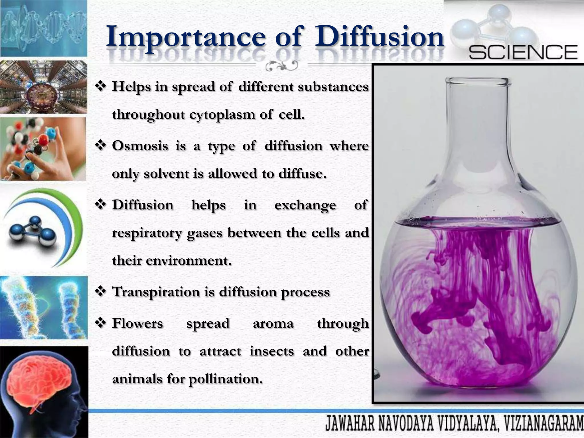 Importance of Diffusion
 Helps in spread of different substances
throughout cytoplasm of cell.
 Osmosis is a type of diffusion where

only solvent is allowed to diffuse.
 Diffusion

helps

in

exchange

of

respiratory gases between the cells and
their environment.
 Transpiration is diffusion process
 Flowers

spread

aroma

through

diffusion to attract insects and other
animals for pollination.

 