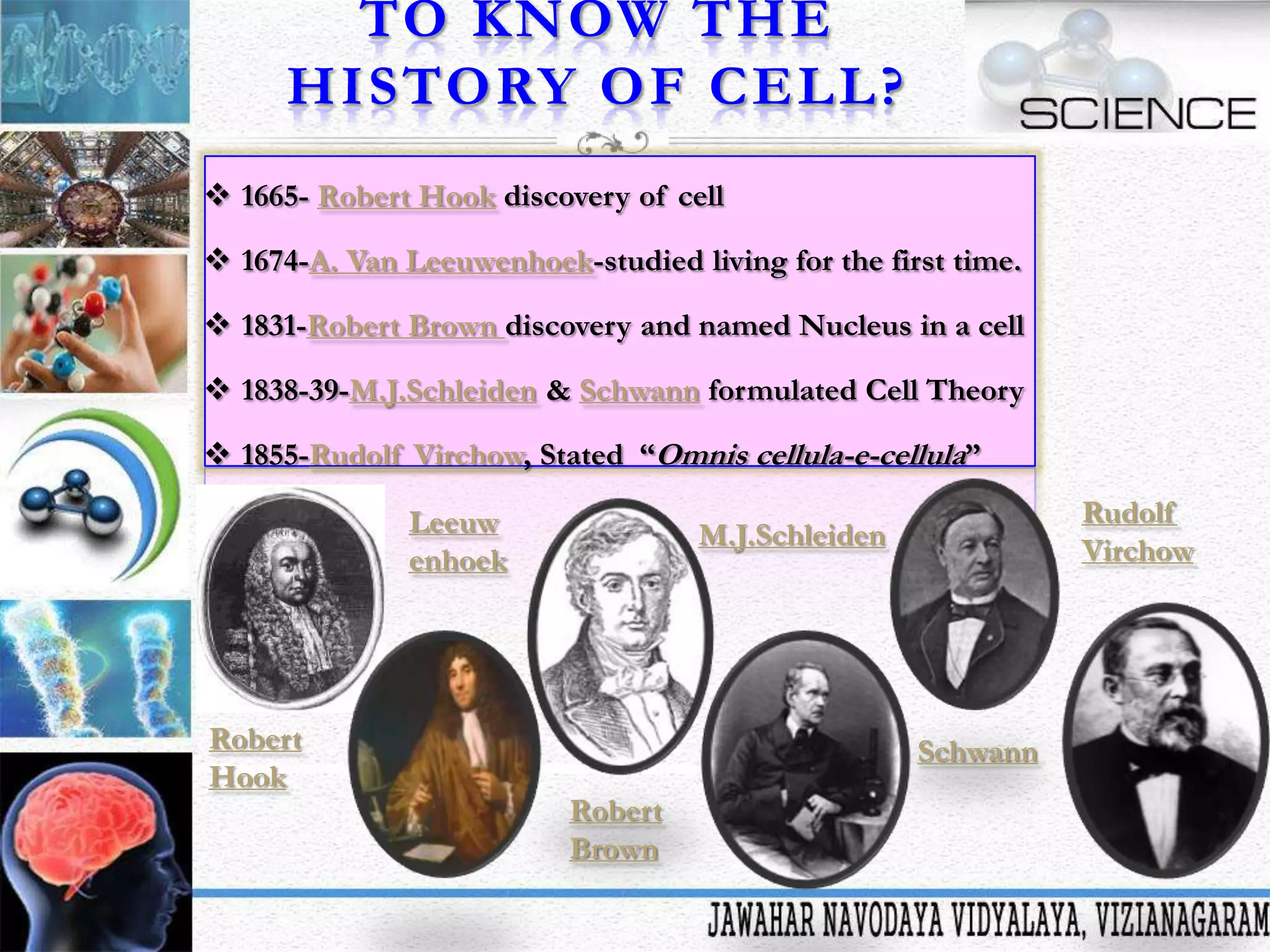 TO KNOW THE
HISTORY OF CELL?
 1665- Robert Hook discovery of cell
 1674-A. Van Leeuwenhoek-studied living for the first time.

 1831-Robert Brown discovery and named Nucleus in a cell
 1838-39-M.J.Schleiden & Schwann formulated Cell Theory
 1855-Rudolf Virchow, Stated “Omnis cellula-e-cellula”

Leeuw
enhoek

Robert
Hook

Rudolf
Virchow

M.J.Schleiden

Schwann
Robert
Brown

 