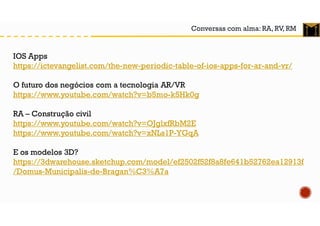 Conversas com alma: RA, RV, RM
IOS Apps
https://ictevangelist.com/the-new-periodic-table-of-ios-apps-for-ar-and-vr/
O futuro dos negócios com a tecnologia AR/VR
https://www.youtube.com/watch?v=b5mo-k5Hk0g
RA – Construção civil
https://www.youtube.com/watch?v=OJglxfRbM2E
https://www.youtube.com/watch?v=xNLs1P-YGqA
E os modelos 3D?
https://3dwarehouse.sketchup.com/model/ef2502f52f8a8fe641b52762ea12913f
/Domus-Municipalis-de-Bragan%C3%A7a
 