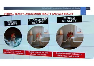 Virtual Reality, Augmented Reality and Mix Reality
VIRTUAL REALITY, AUGMENTED REALITY AND MIX REALITY 13
 