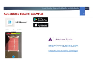 Virtual Reality, Augmented Reality and Mix Reality
http://www.aurasma.com
https://studio.aurasma.com/login
HP Reveal
AUGMENTED REALITY: EXAMPLES 20
 