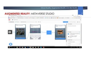 Virtual Reality, Augmented Reality and Mix Reality
Vitor Barrigão Gonçalves
Escola Superior de Educação - Instituto Politécnico de Bragança
Email: vg@ipb.pt URL: facebook.com/vgportal
AUGMENTED REALITY: METAVERSE STUDIO 29
 