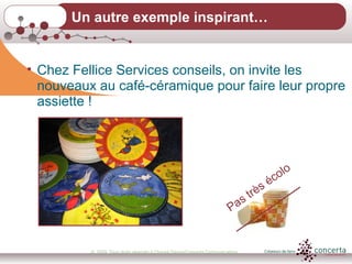 © 2009, Tous droits réservés à Chantal Dauray/Concerta Communications14
Un autre exemple inspirant…
• Chez Fellice Services conseils, on invite les
nouveaux au café-céramique pour faire leur propre
assiette !
Pas très écolo
 