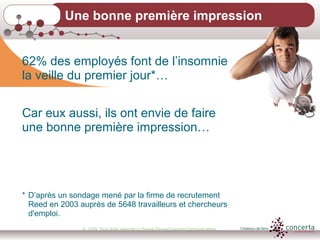 © 2009, Tous droits réservés à Chantal Dauray/Concerta Communications3
Une bonne première impression
62% des employés font de l’insomnie
la veille du premier jour*…
Car eux aussi, ils ont envie de faire
une bonne première impression…
* D’après un sondage mené par la firme de recrutement
Reed en 2003 auprès de 5648 travailleurs et chercheurs
d'emploi.
 