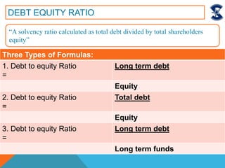 DEBT EQUITY RATIO
“A solvency ratio calculated as total debt divided by total shareholders
equity”
Three Types of Formulas:
1. Debt to equity Ratio
=
Long term debt
Equity
2. Debt to equity Ratio
=
Total debt
Equity
3. Debt to equity Ratio
=
Long term debt
Long term funds
 