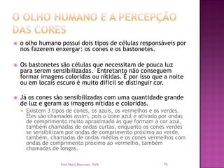   o olho humano possui dois tipos de células responsáveis por
    nos fazerem enxergar: os cones e os bastonetes.

   Os bastonetes são células que necessitam de pouca luz
    para serem sensibilizadas. Entretanto não conseguem
    formar imagens coloridas ou nítidas. É por isso que a noite
    ou em locais escuro é muito difícil se distinguir cor.

   Já os cones são sensibilizadas com uma quantidade grande
    de luz e geram as imagens nítidas e coloridas.
       Existem 3 tipos de cones, os azuis, os vermelhos e os verdes.
        Eles são chamados assim, pois o cone azul é ativado por ondas
        de comprimento muito aproximado às que formam a cor azul,
        também chamadas de ondas curtas, enquanto os cones verdes
        se sensibilizam por ondas de comprimento próximo ao verde,
        também, chamadas de ondas médias e os cones vermelhos com
        ondas de comprimento próximo ao vermelho, também
        chamadas de longas.

                     Prof. Mario Mancuso - RVS              75
 