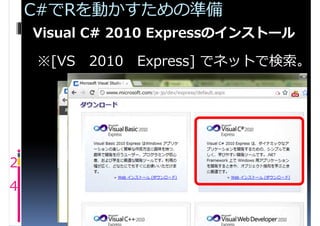 C#でRを動かすための準備
    Visual C# 2010 Expressのインストール

    ※[VS   2010   Express] でネットで検索。




2
4
 