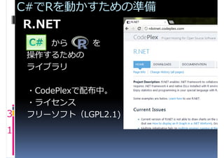 C#でRを動かすための準備
     R.NET
       から     を
    操作するための
    ライブラリ

    ・CodePlexで配布中。
    ・ライセンス
3   フリーソフト（LGPL2.1)
1
 