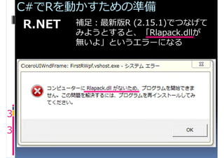 C#でRを動かすための準備
     R.NET 補足：最新版R (2.15.1)でつなげて
            みようとすると、「Rlapack.dllが
            無いよ」というエラーになる




3
3
 