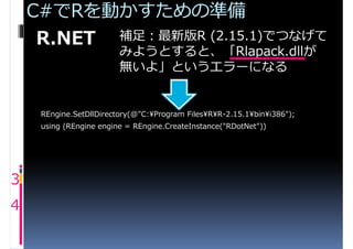 C#でRを動かすための準備
     R.NET 補足：最新版R (2.15.1)でつなげて
                         みようとすると、「Rlapack.dllが
                         無いよ」というエラーになる


     REngine.SetDllDirectory(@"C:¥Program Files¥R¥R-2.15.1¥bin¥i386");
     using (REngine engine = REngine.CreateInstance("RDotNet"))




3
4
 