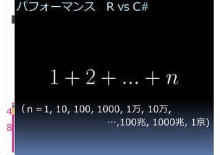 パフォーマンス R vs C#




4 （ｎ＝1, 10, 100, 1000, 1万, 10万,
                   …,100兆, 1000兆, 1京)
8
 