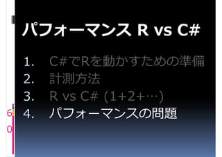 パフォーマンス R vs C#
    1.   C#でRを動かすための準備
    2.   計測方法
    3.   R vs C# (1+2+…)
6   4.   パフォーマンスの問題
0
 