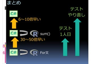 まとめ
                       テスト
                      やり直し
      6〜10倍早い

                    テスト
            sum()   1人日
      30〜50倍早い
8
6           For文
 