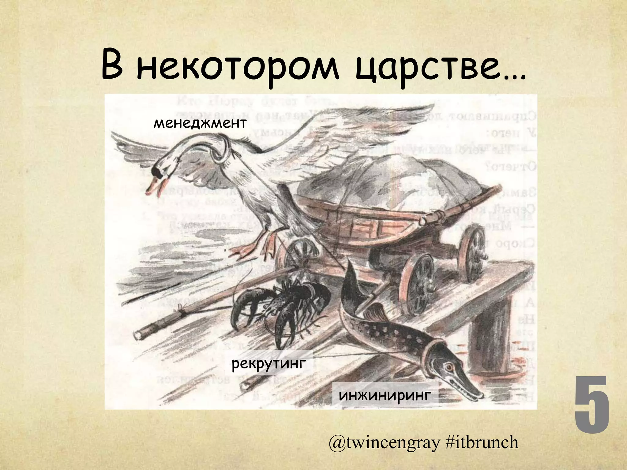 В некотором царстве…
  менеджмент




          рекрутинг

                       инжиниринг


                      @twincengray #itbrunch
                                               5
 