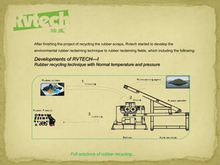 After finishing the project of recycling the rubber scraps, Rvtech started to develop the
environmental rubber reclaiming technique to rubber reclaiming fields, which including the following:
Full solutions of rubber recycling...
Developments of RVTECH---I
Rubber recycling technique with Normal temperature and pressure
 