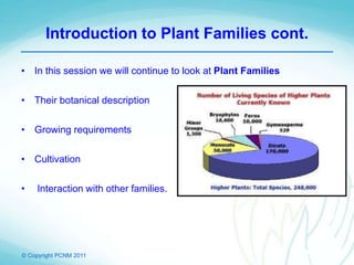© Copyright PCNM 2011
Introduction to Plant Families cont.
• In this session we will continue to look at Plant Families
• Their botanical description
• Growing requirements
• Cultivation
• Interaction with other families.
 